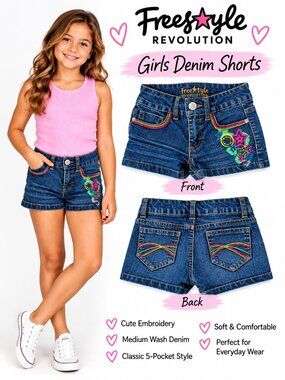 Freestyle Revolution Girls Shorts Size 4 Colorful Embroidered Medium Wash Demin
